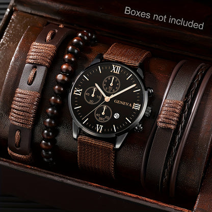 Middle East, Ramadan Men Watch 1pcs Men's Black Nylon Strap Casual Industrial Style Round Dial Calendar Pointer Quartz Watch And 3pcs Bracelets Watch for Men Suitable for Men Party Birthday Wear Or As Brother The Best Gift fo