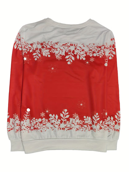 Women'S Red & Christmas Sweater - Long Sleeve Round Neck Winter Warmth with Snowman, Snowflakes & Poinsettia Print - All-Season Casual Pullover for Holiday