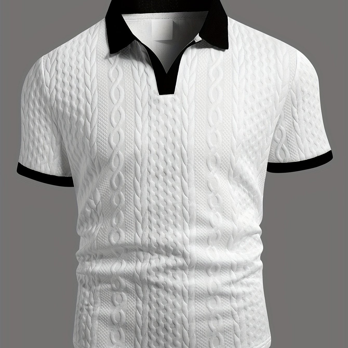 Summer Breathable Italian-style Color-blocked Light-mature Trendy Men's Shirt with V-neck, Slight Stretch, Jacquard Texture, Slim-fit Short Sleeves, Knitted - ayq