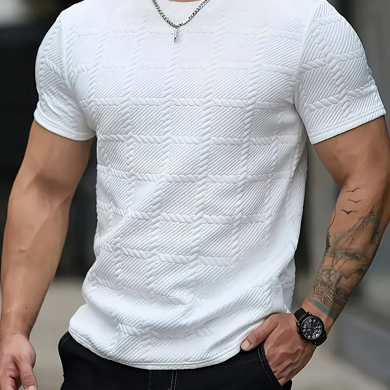 Men'S Casual Jacquard Knit Short-Sleeve T-Shirt - Featuring a Stylish Geometric Pattern, Round Neck, Comfortable for All Seasons, Perfect for Casual Wear - ayq