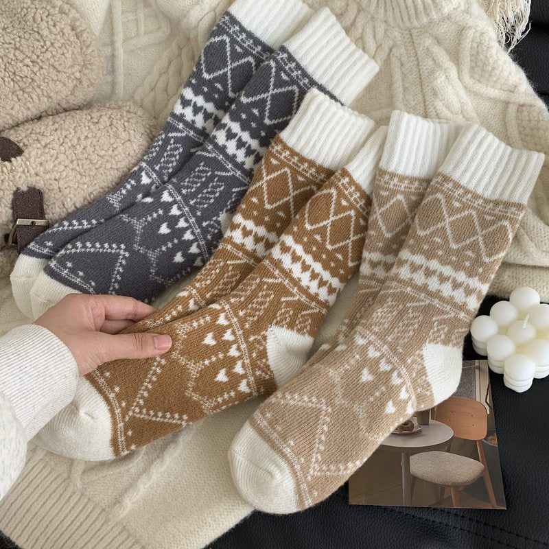5 Pairs Women's Warm Winter Socks with Ethnic Diamond Pattern