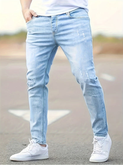 Men's Slim Fit Stretch Denim Jeans - Casual, Breathable & Machine Washable with Ripped Detail