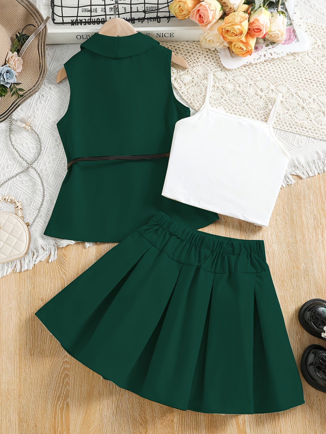 Girls' Preppy 3-Piece Set: Vest, Camisole, and Skirt for Spring