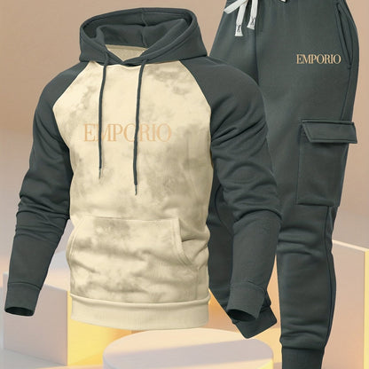 New Trendy Fashion Raglan Sleeve Colorblock Hoodie and Loose Cuffed Drawstring Cargo Pants with Multiple Pockets, Casual Daily Comfortable Versatile Breathable Hooded Sweatshirt and Loose Long Pants 2pcs Set with Stylish Prin