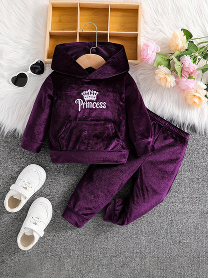 Girls' Long Pants Set, Burgundy Hooded Sweatshirt & Sweatpants, New Autumn Winter Warm Pullover Top, Fabric Two-Piece Set, Princess English Letter Embroidery with Pockets, Festive Holiday Outfit for Baby Girls, Perfect for Ou