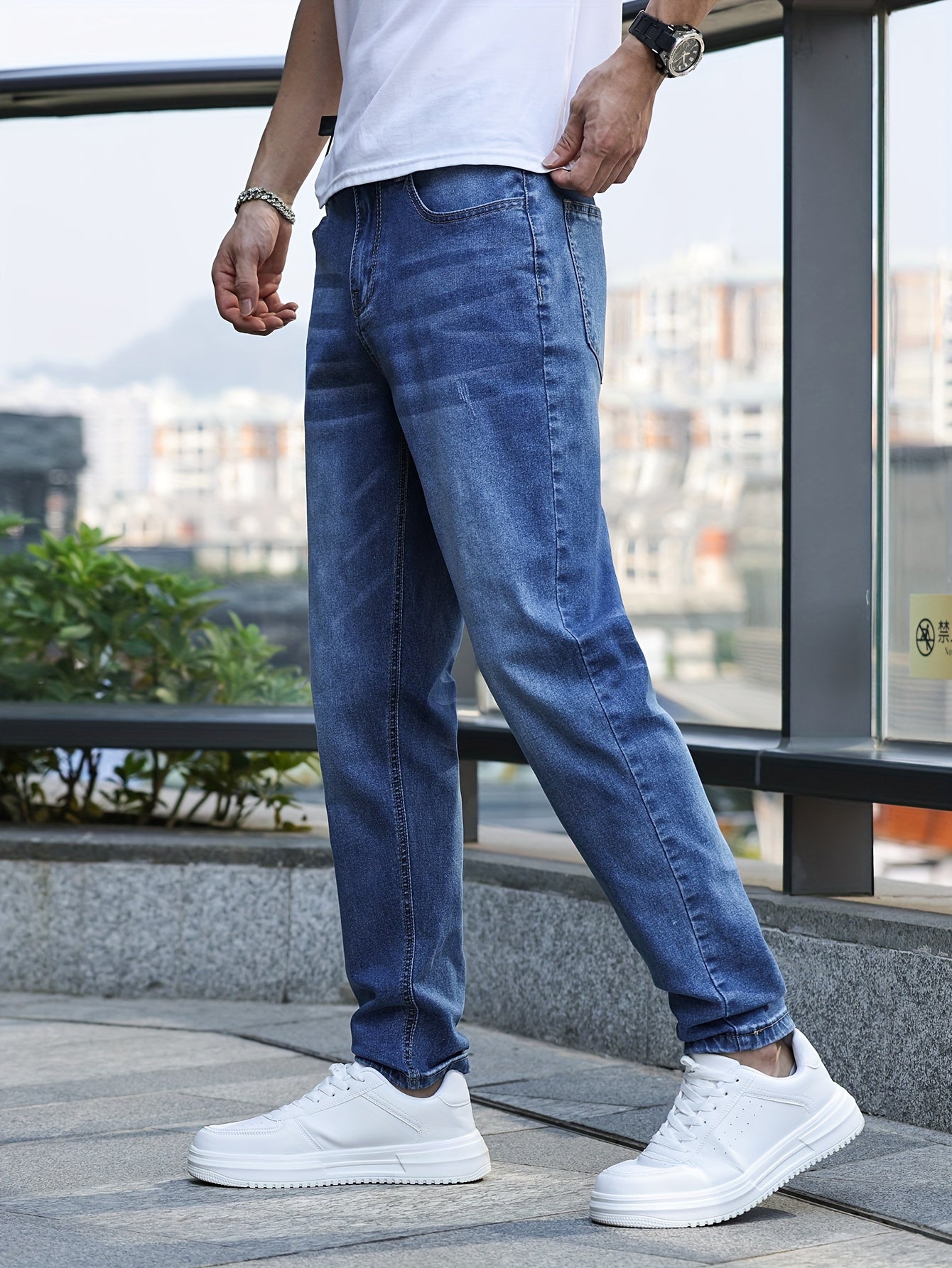 Men's Slim-Fit Stretch Denim Jeans - Casual Street Style, Mid-Rise, Light Blue, Comfortable & Versatile for All Seasons