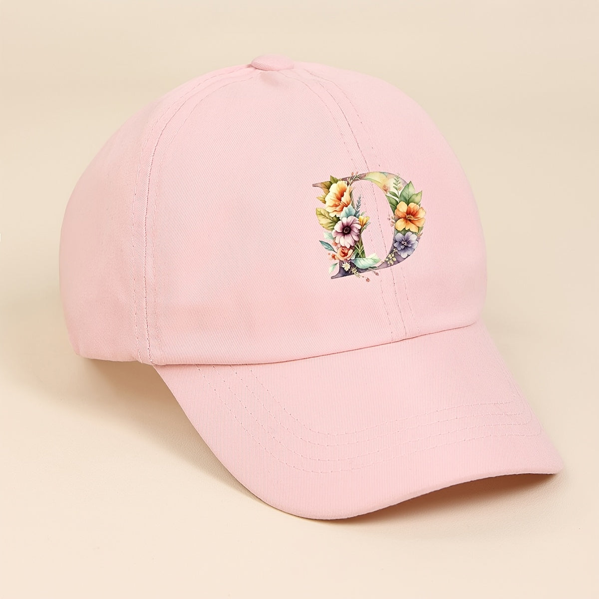 Adjustable Pink Baseball Cap for Kids with Floral Alphabet Design
