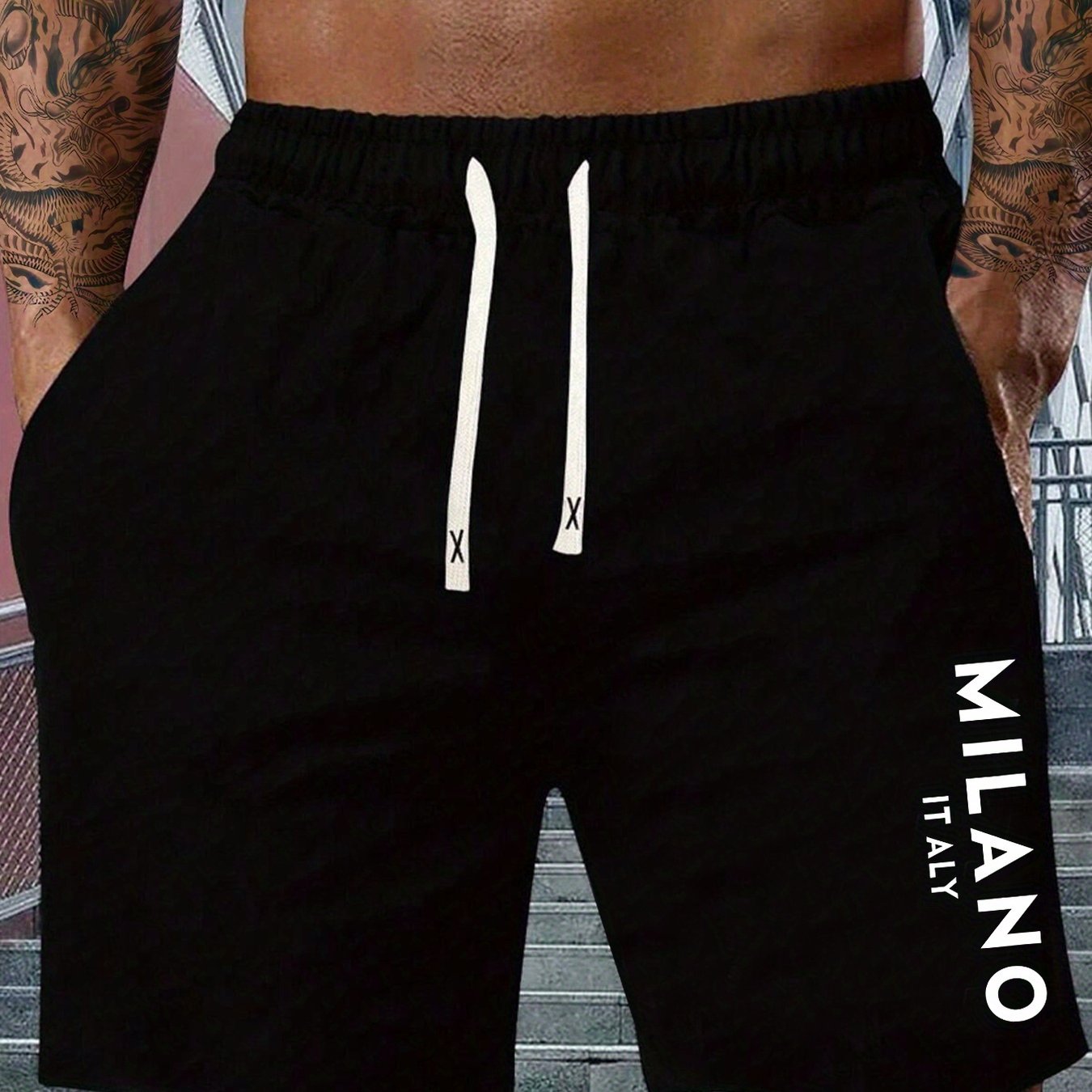 Men's Lightweight Cotton-Blend Casual Shorts with "MILANO ITALY" Print, Elastic Waistband & Drawstring, Side Pockets, Perfect for Spring & Summer Outdoor Activities, Fitness, and Vacations