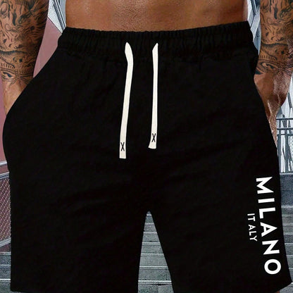 Men's Lightweight Cotton-Blend Casual Shorts with "MILANO ITALY" Print, Elastic Waistband & Drawstring, Side Pockets, Perfect for Spring & Summer Outdoor Activities, Fitness, and Vacations