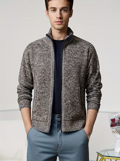 Men's Solid Fleece Knitted Cardigan With Pockets, Casual Long Sleeve Turtle Neck Zip Up Warm Sweater For Winter Fall Outdoor Activities