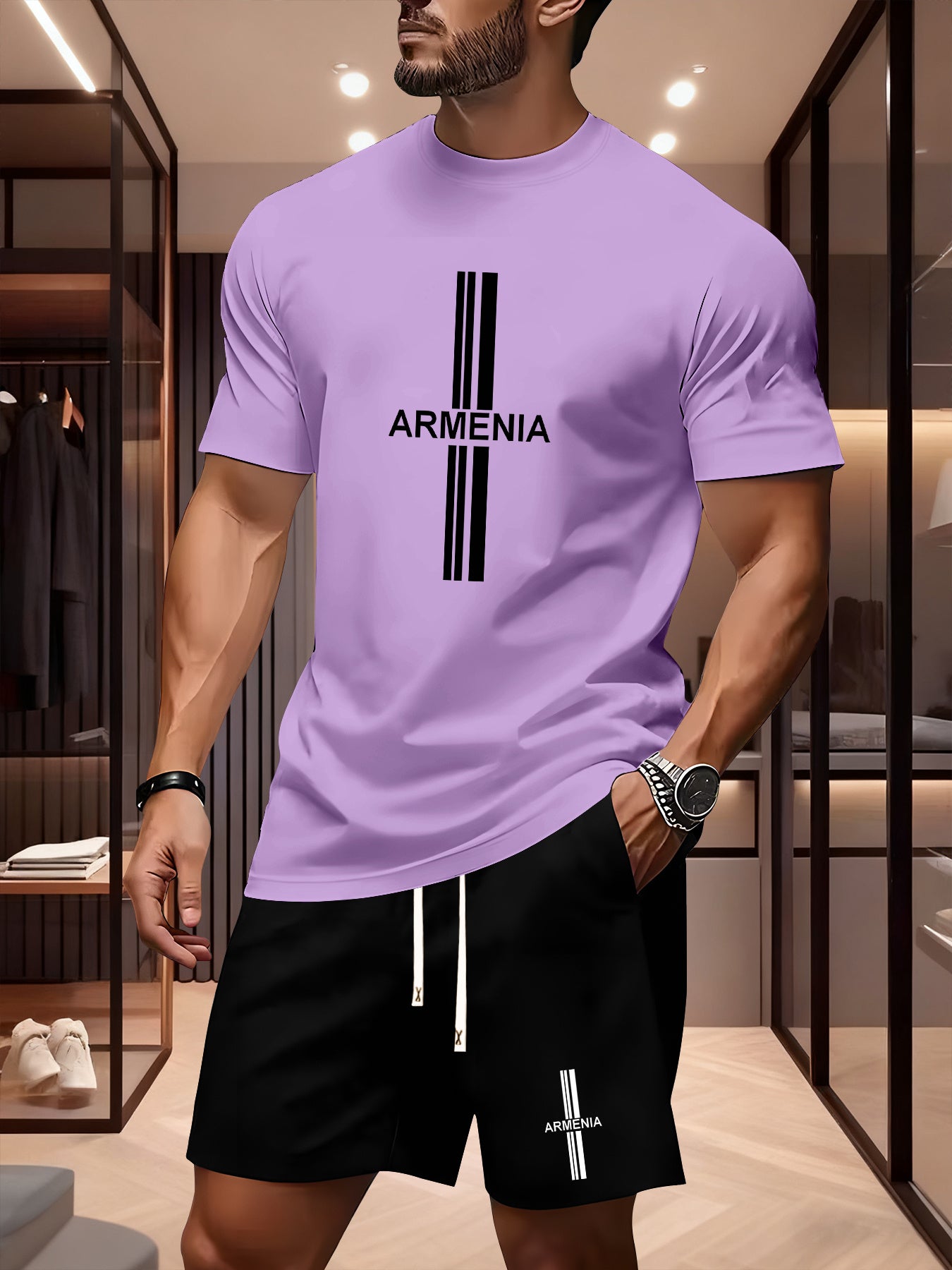 Men's Summer Casual Sport Set with White Striped Design