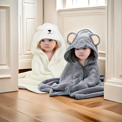 2pcs Toddler Bath Robes, Soft Absorbent Hooded Towels, Cartoon Animal Design, Unisex, Christmas Halloween Gift, Polyester, Hand Wash Only, White & Grey, Knitted Fabric