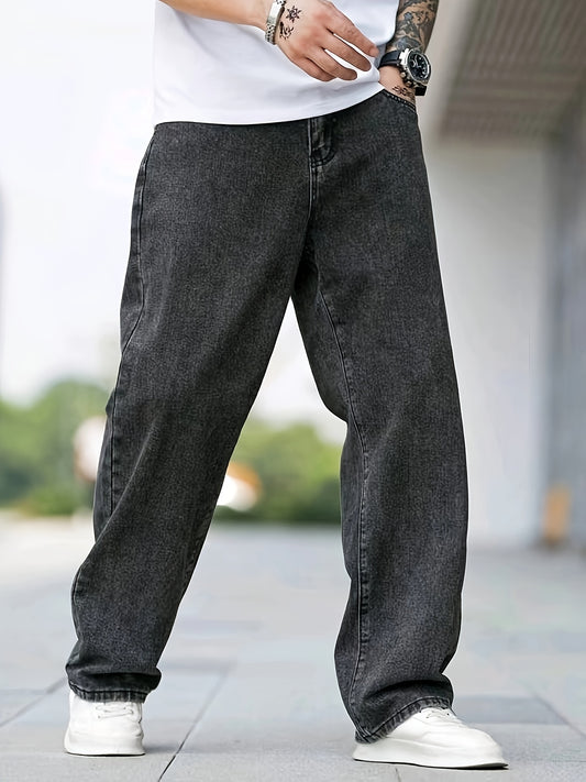 1pc Men'S Mid-Waist Loose Fit Denim Jeans - Street Style Solid Color Cotton Blend Pants with Flakes Detail, Zipper Fly, Belt Loops, All-Season Comfort for Weekend Casual Wear