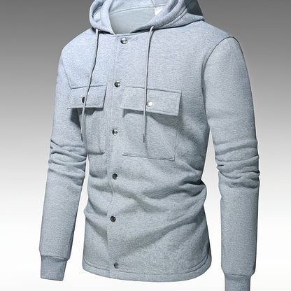 Men's Heavy-Duty Hooded Sweatshirt with Full-Zip Front & Utility Pockets - Olive Green Tactical-Style Outdoor Jacket, Long Sleeve Casual Pullover for Hiking, Camping, Casual Attire - Spring/Fall Layering Essential (Regular Fi