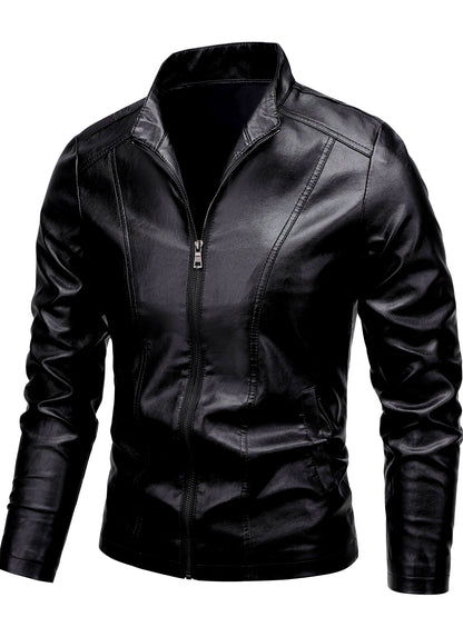 Men'S Casual Jacket - Stand Collar Zip-Up Long Sleeve - 100% Polyurethane, Solid Color, Non-Stretch Woven Fabric, Regular Fit with Functional Pockets for Daily Wear