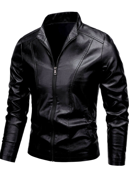 Men'S Casual Jacket - Stand Collar Zip-Up Long Sleeve - 100% Polyurethane, Solid Color, Non-Stretch Woven Fabric, Regular Fit with Functional Pockets for Daily Wear