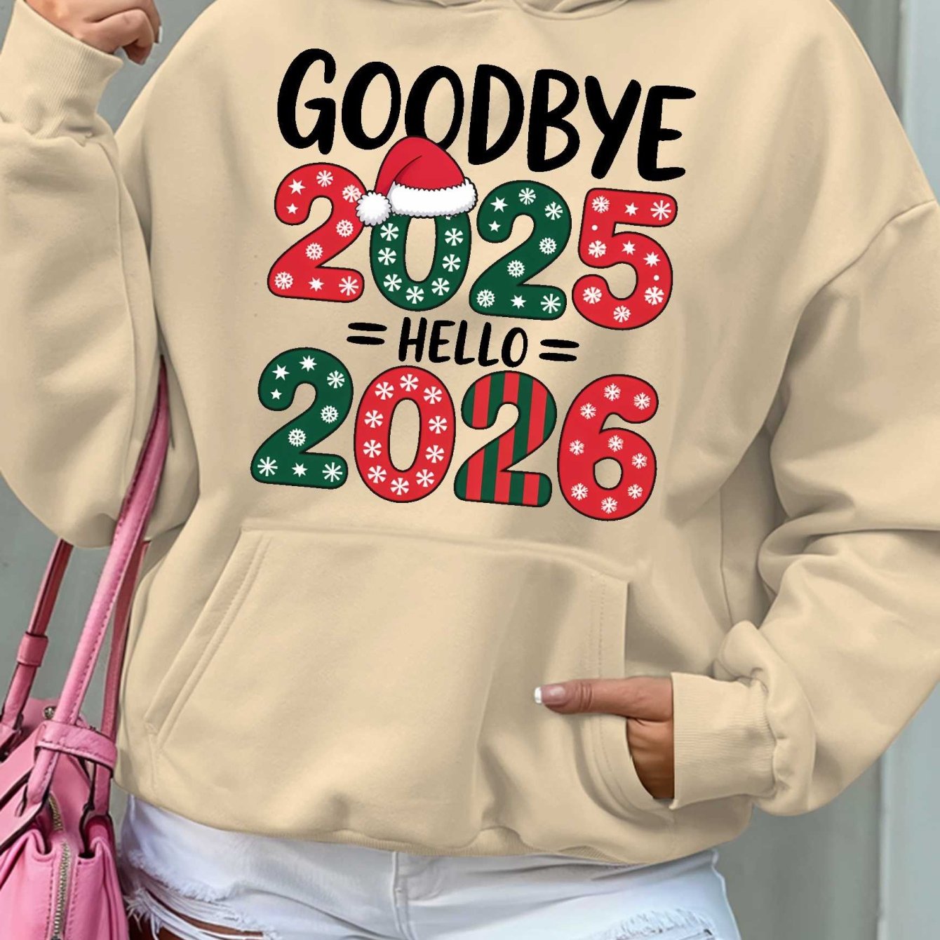 Women'S Hoodie - Goodbye 2025 Hello 2026 Sweatshirt with Christmas Countdown Design, Beige Pullover Hoodie, Front Pocket for Fall/Winter, Cozy Long Sleeve Sweater for New Year'S Eve & Everyday Winter Outfits - Perfect Gift fo