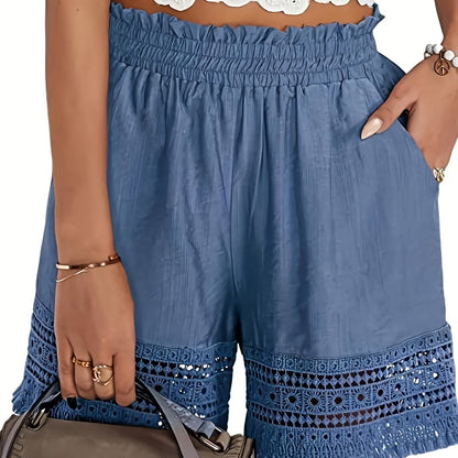 Solid Tassel Hem Loose Shorts, Vacation Paper Bag Waist Summer Shorts, Women's Clothing