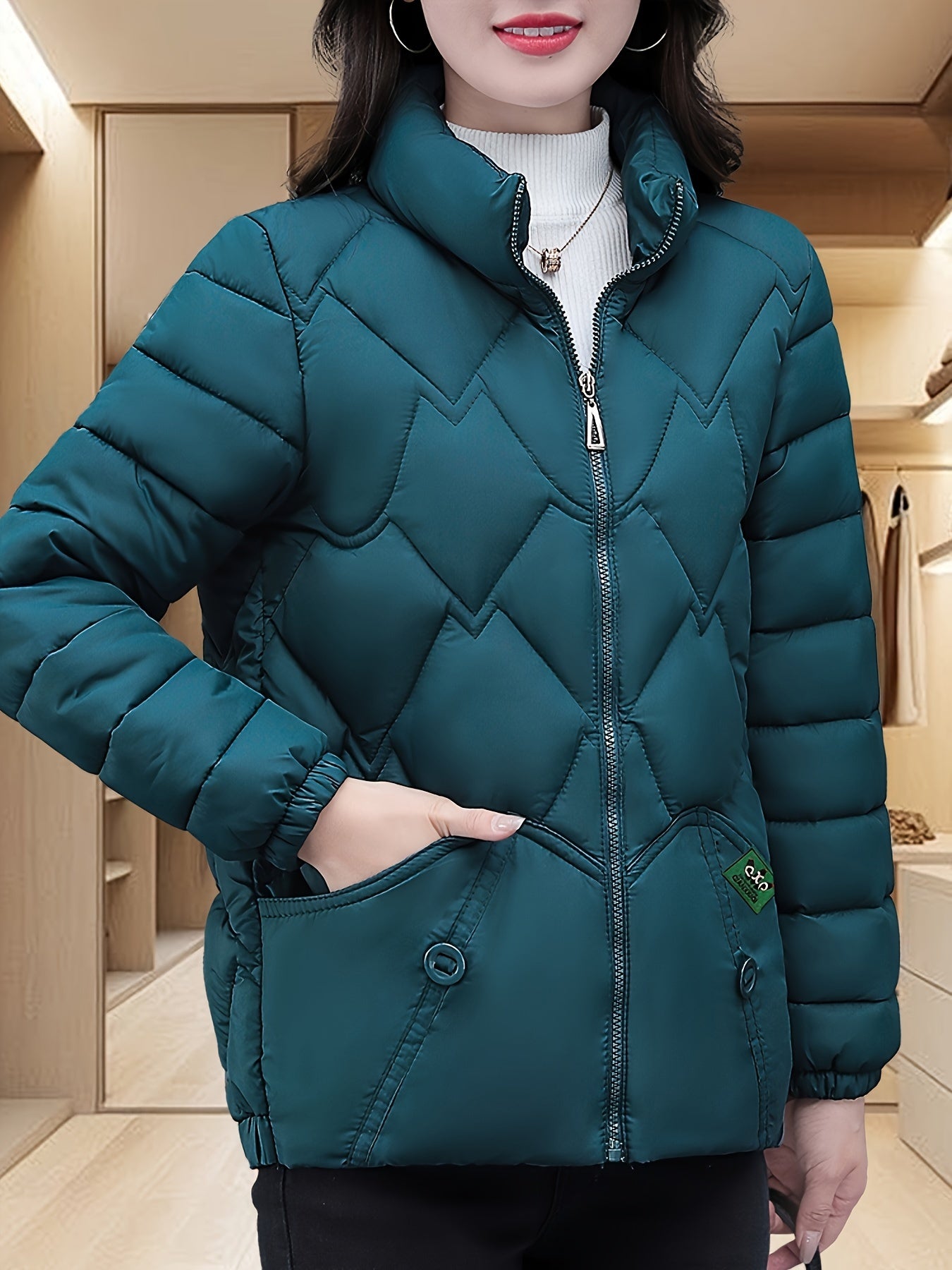Women'S Embroidered Quilted Jacket, Casual Long Sleeve Polyester Coat, Non-Stretch H-Contoured Regular Fit, Pleated Hem, Thick Warm Winter Outerwear for Middle-Aged Moms