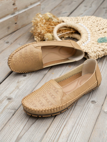 Women's Retro Perforated Flat Shoes, Comfy Breathable Round Toe Slip On Shoes, Casual Outdoor Loafers