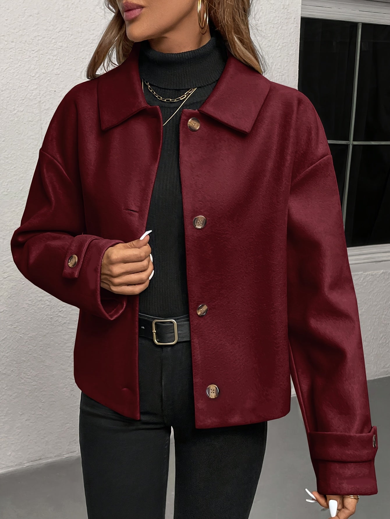 Women'S Burgundy Coat - Structured H-Silhouette Blazer, Button-Front Closure, Non-Stretch Fabric for Fall/Winter, Office, Party, Everyday Outfits - Chic Outerwear Jacket, Party Attire, Asymmetric Hemline, Elegant Design