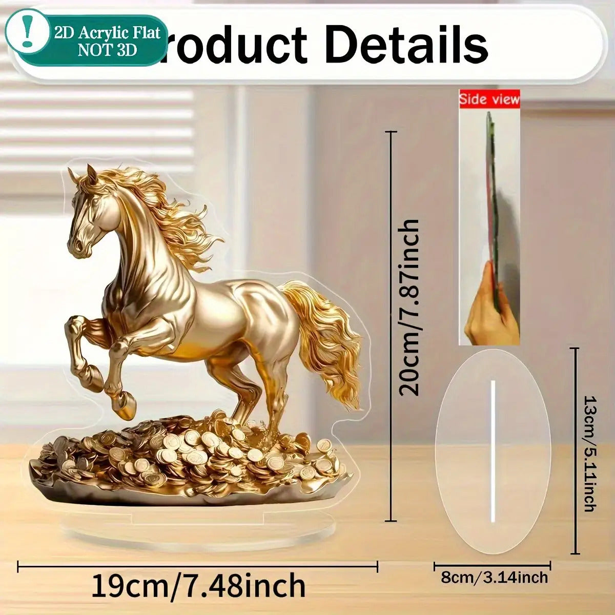 2D Flat, 1pc 2D Flat Acrylic Golden Horse Ornament - Elegant Desktop Decoration, Luxurious Golden Plating with Exquisite Mane Details and Coin Base, Suitable for Home, Office, Wedding, Christmas - Animal Theme Decor, No Assem