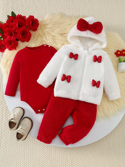 3 հատ աղջիկների ձմեռային տաբատների հավաքածու՝ երկար թևքերով բոդիով, կարմիր ժապավենով զարդարված կայծակաճարմանդով վերնաշապիկով + առօրյա առաձգական գոտկատեղով տաբատ, զբոսանքի համար