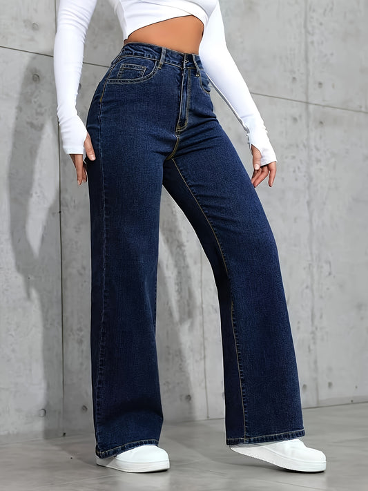 Women's Loose-Fit Stretch Straight-Leg Denim Jeans with Pocket - ayq