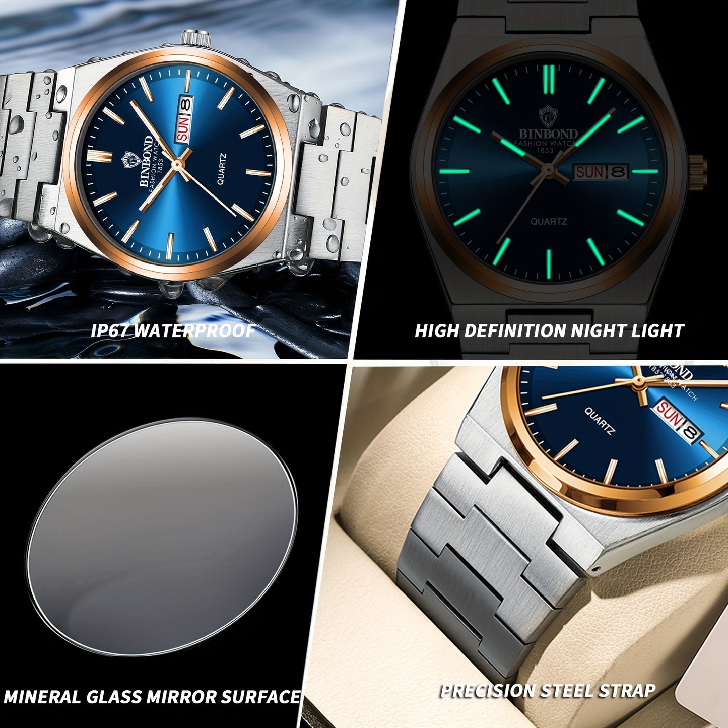 BINBOND Fashion Solid Stainless Steel Buckle Men's Business Casual Quartz Watch Thin Double Calendar Men's Watch