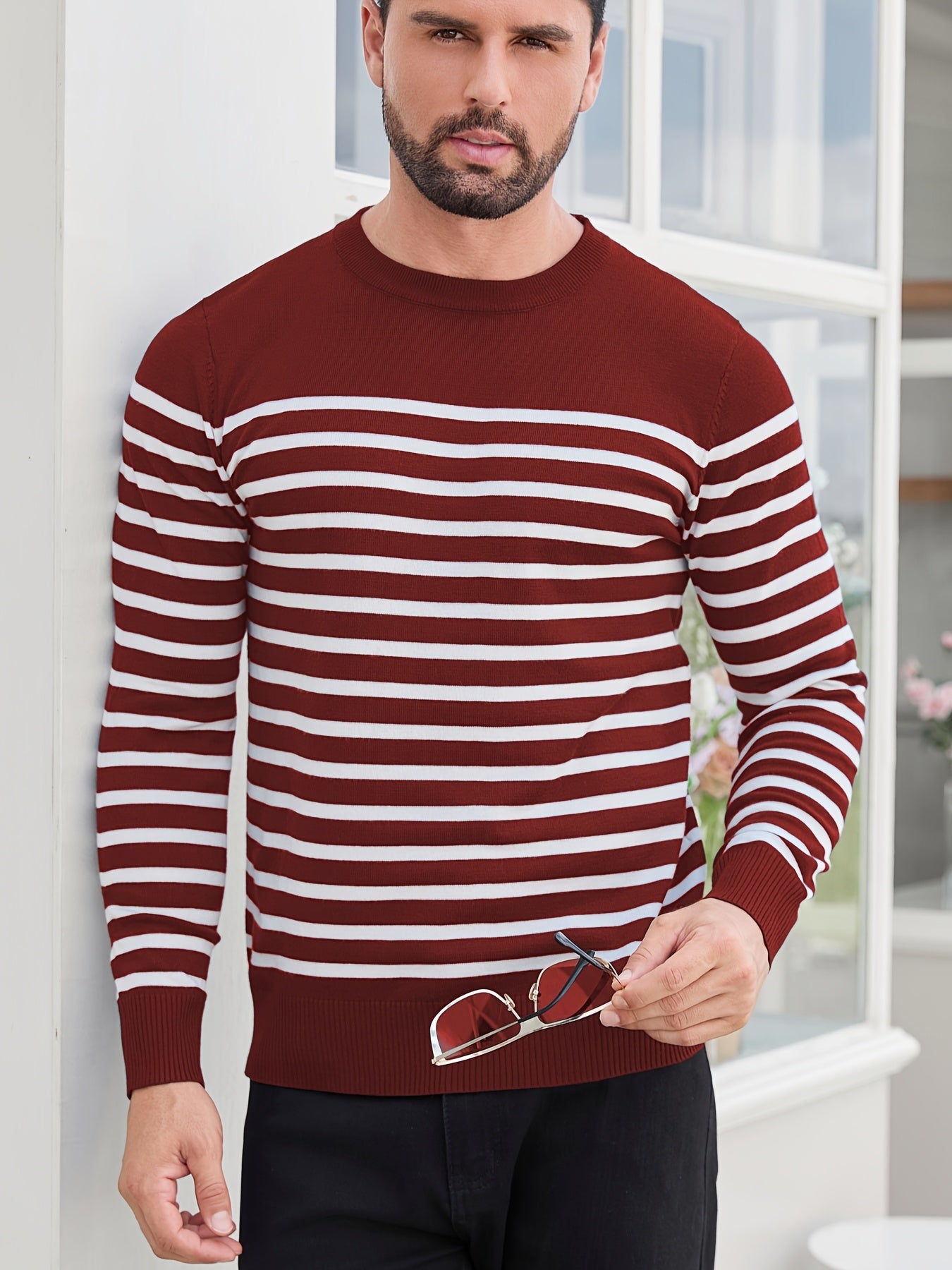 Գարնանային և աշնանային ամենօրյա երկգույն գծավոր տղամարդու սվիտեր-պուլովեր՝ գունավոր բլոկներով, կլոր վզնոցով, տղամարդու տրիկոտաժե վերնաշապիկ