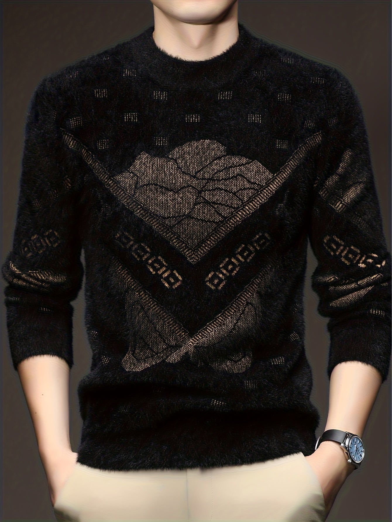 Men'S High-End Crew Neck Sweater | Fashionable Thick Warm Knitted Pullover with Floral Pattern and Hot Stamping for Fall/Winter