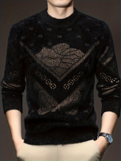 Men'S High-End Crew Neck Sweater | Fashionable Thick Warm Knitted Pullover with Floral Pattern and Hot Stamping for Fall/Winter