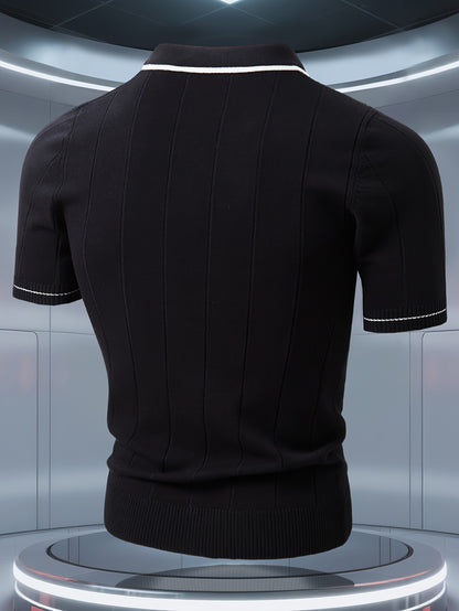 Men's Knitted Polo Shirt with Classic Vertical Stripes - ayq