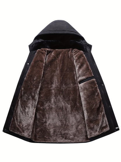 Men's Heavy-Duty Winter Hooded Jacket with Fur-Like Collar & Pockets - Navy Blue/Brown Coat, Golden-Tone Zipper Closure, -Filled Casual Outerwear for Cold Weather (Hand Wash/Dry Clean)