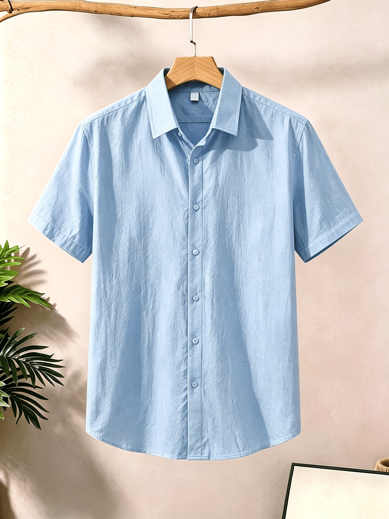 Men's Casual Button-Up Shirt, Cotton-Linen Blend, Short Sleeve