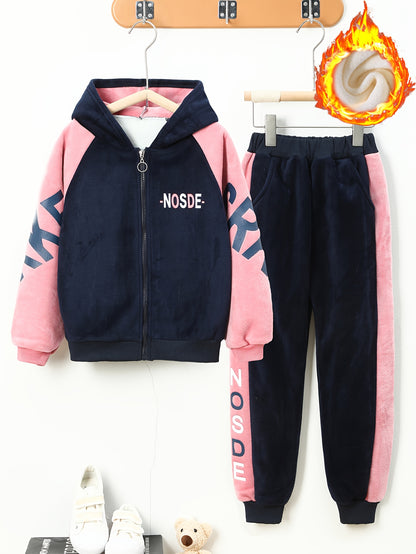 Girls' Thickened Fleece-Lined Hooded Zip-Up Jacket & Jogger Pants Set - Cozy Two-Piece Outfit with "NUS" Letter Print, Long Sleeves, and Drawstring Waist, for Outdoor, And Casual Wear, Winter Clothing, Playful Design, Soft Fa