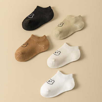 5pcs Adorable Bear Pattern Low-Cut Ankle Socks for Youngsters & Youngsters - Soft, Stretchy Polyester Blend, Machine Washable - Perfect for All Seasons, Available in Brown, Beige, White, Black, Youngsters Ankle Socks|Cute Bea