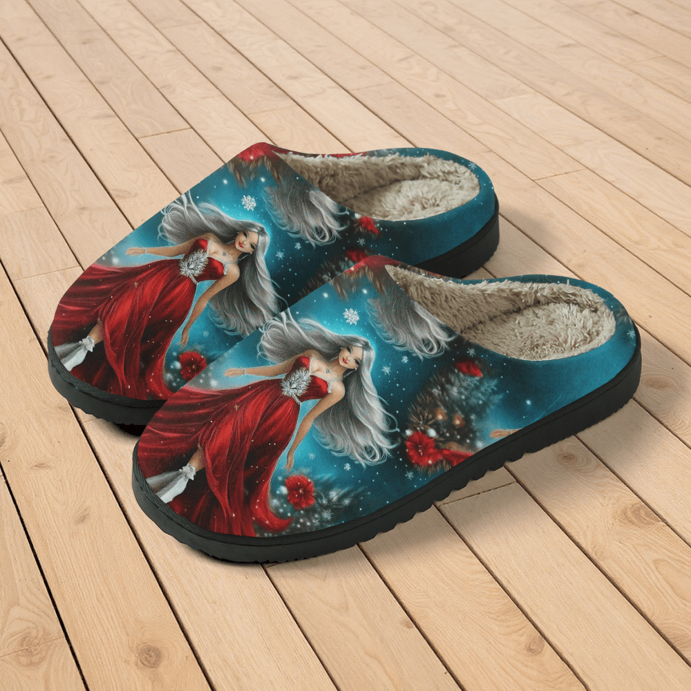 Women's Red Slippers with Red Dress Print - Winter Warm Soft Sole Slip-On Moccasins Suitable for Winter Parties, Christmas & New Year's Eve - Comfortable /Outdoor Footwear, European Style Fabric Upper & TPR Sole