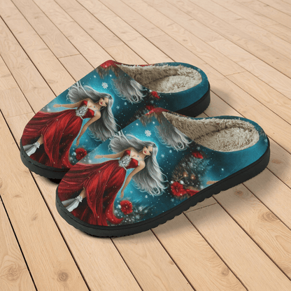 Women's Red Slippers with Red Dress Print - Winter Warm Soft Sole Slip-On Moccasins Suitable for Winter Parties, Christmas & New Year's Eve - Comfortable /Outdoor Footwear, European Style Fabric Upper & TPR Sole