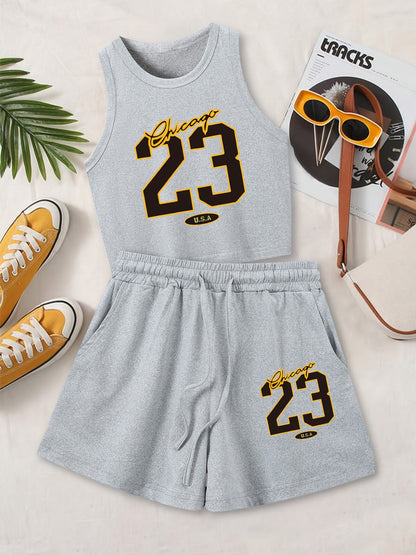 Women's Casual Printed Tank Top & Shorts Set with Pockets