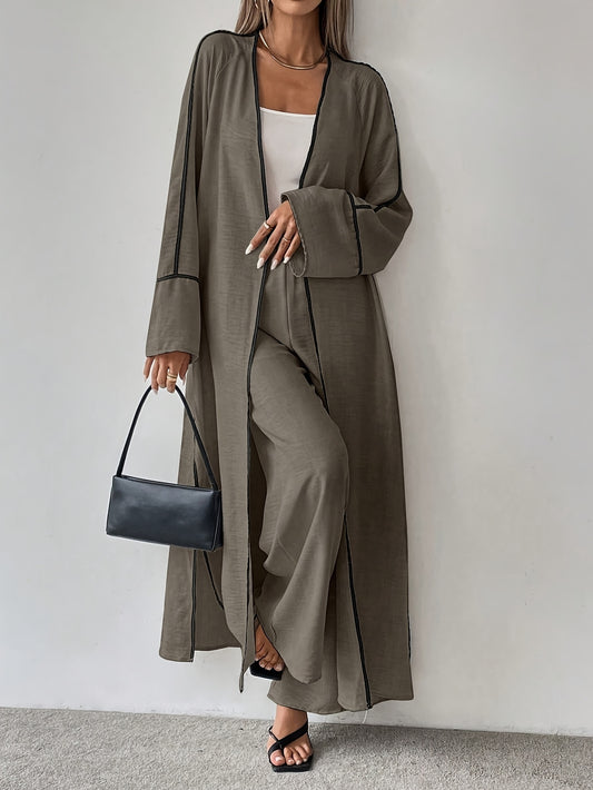 Women'S Elegant Fashion Work Casual Two-Piece Set - Long Sleeve Cardigan with Color Block Detail and Wide-Leg Pants, Loose Fit, All-Season Wear, Stylish Work Attire|Casual Style|Color Block Detail