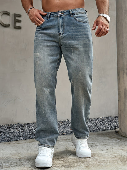 Men's Regular Fit Distressed Denim Jeans - Light Grey, Blend, Machine Washable, Year-Round Comfort & Style