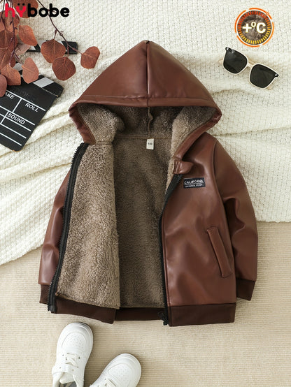 Boys' Fleece Lined PU Leather Jacket Warm Hooded Coat