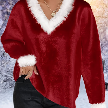 Plus Size - Plus Size - Plus Size, Women'S Elegant Plus Size Christmas Sweater - Long Sleeve Round Neck Winter Warmth with Collar Trim, Stretchy Fabric for Holiday Parties & Casual Attire, Red & Contrast Collar, Ladies Christ