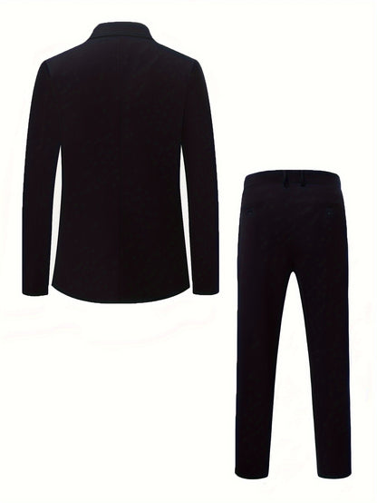 Men's Two-Piece Suit in Solid Color with Sealed Pockets, Regular Fit Suit Trousers, Elegant and Classic, Suitable for Business and Wedding Parties