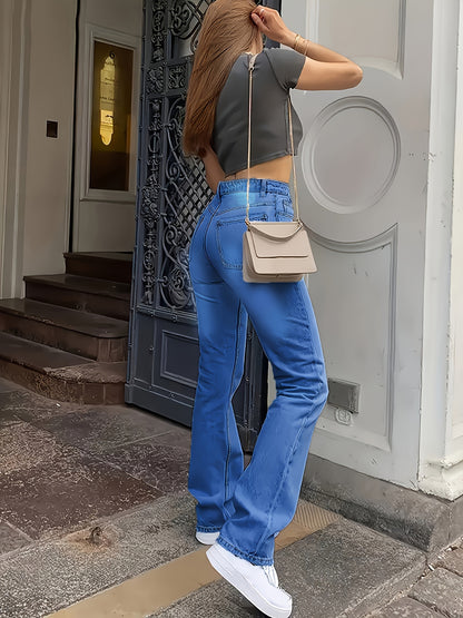 High Waist Light Washed Straight Jeans, Slash Pocket Casual Loose Fit Denim Pants, Women's Denim Jeans & Clothing