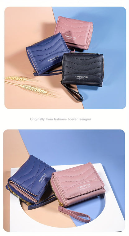 2024 New Women'S Short Wallet, Korean Style Zippered Coin Purse, Simple Design, Tri-Fold Multifunctional Faux Leather Card Holder.