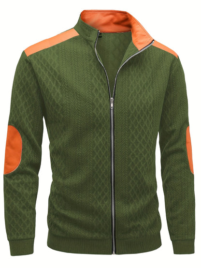 Men's Beige & Orange Contrast Full-Zip Jacket - Winter Warmth Loose-Fit Tailored Coat with Stand Collar, Zippered Pockets & Full-Zip Closure, Machine Washable Casual Outerwear for Men (Beige/Orange) - Ideal for Fall and Winte