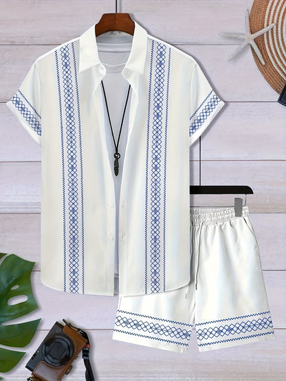 Men's Casual Geometric Pattern Short Sleeve Shirt & Shorts Set