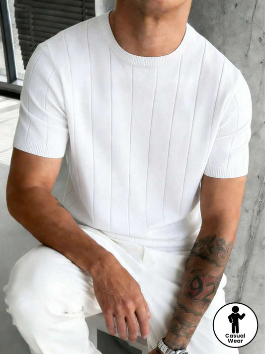 Men'S Slim-Fit Vertical Stripe Crew Neck Knit Short Sleeve T-Shirt | Breathable, Skin-Friendly Fabric, Ideal for Casual and Business Occasions, Versatile Layering Piece - ayq